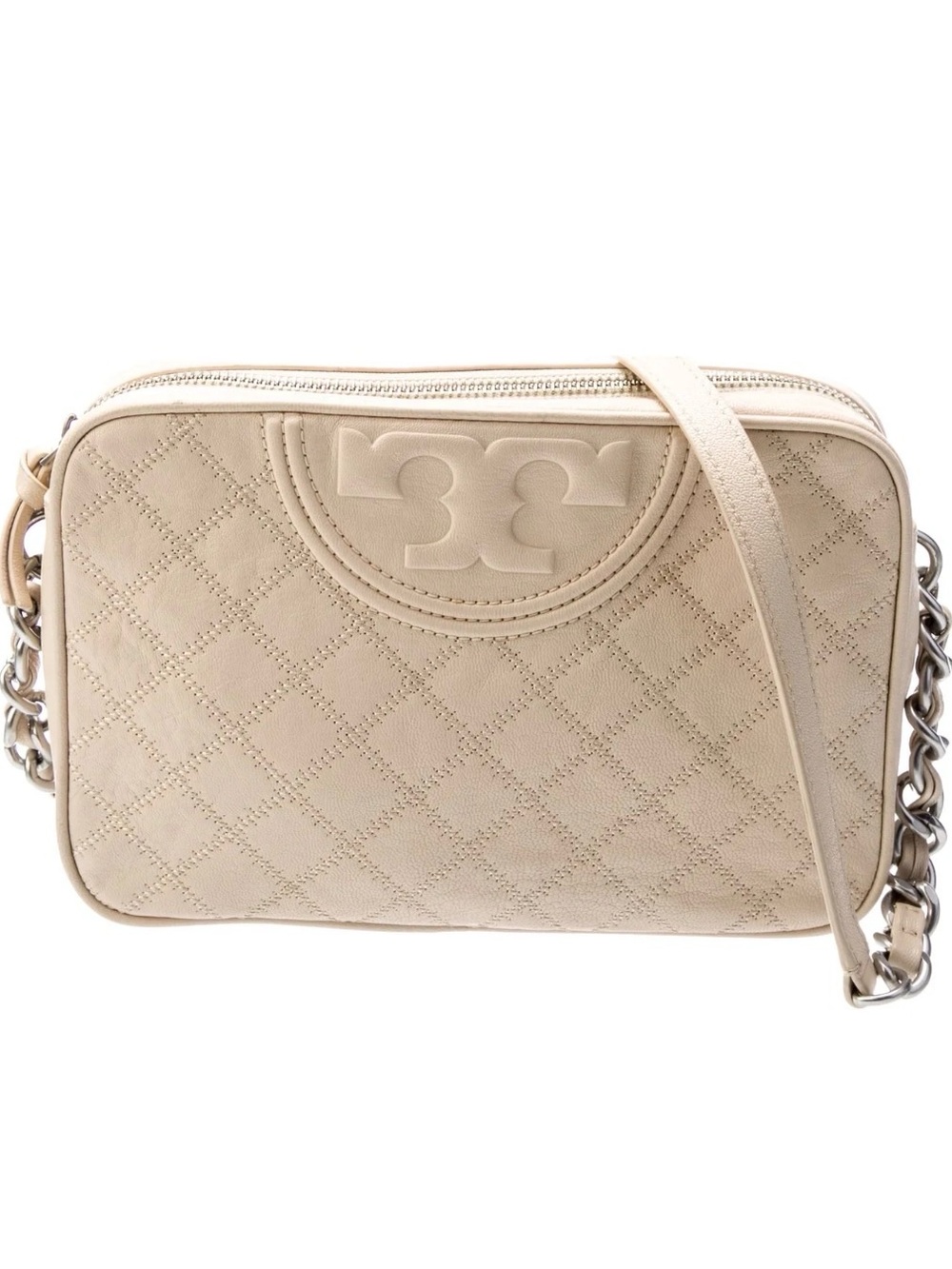 Tory Burch Fleming Camera Beige Quilted Logo Crossbody Bag